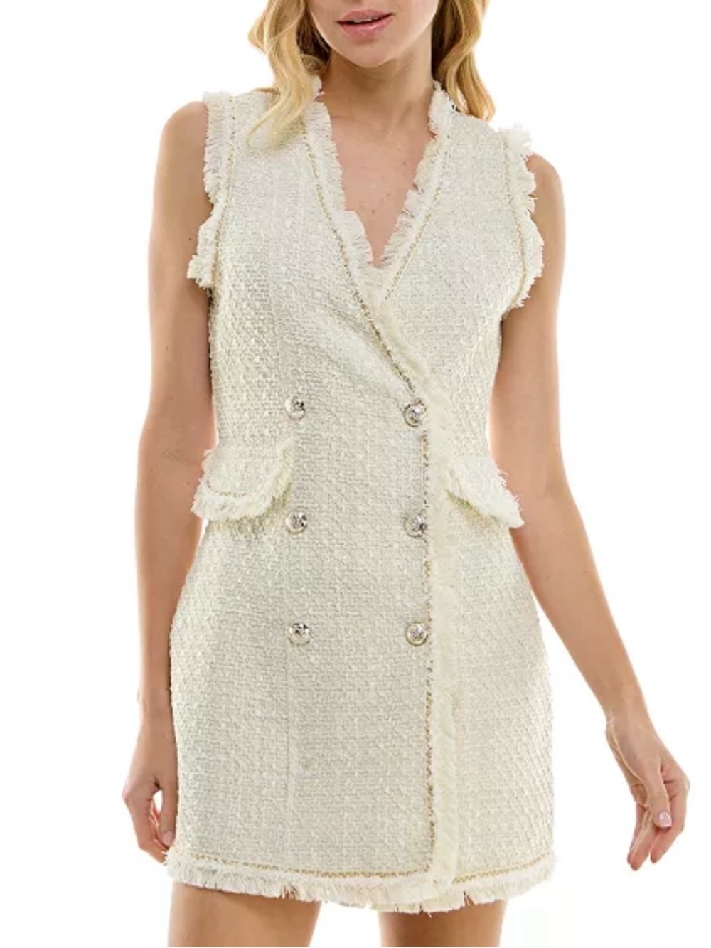Trixxi cream bouclé tweed double breasted metallic mini blazer vest dress fringe
